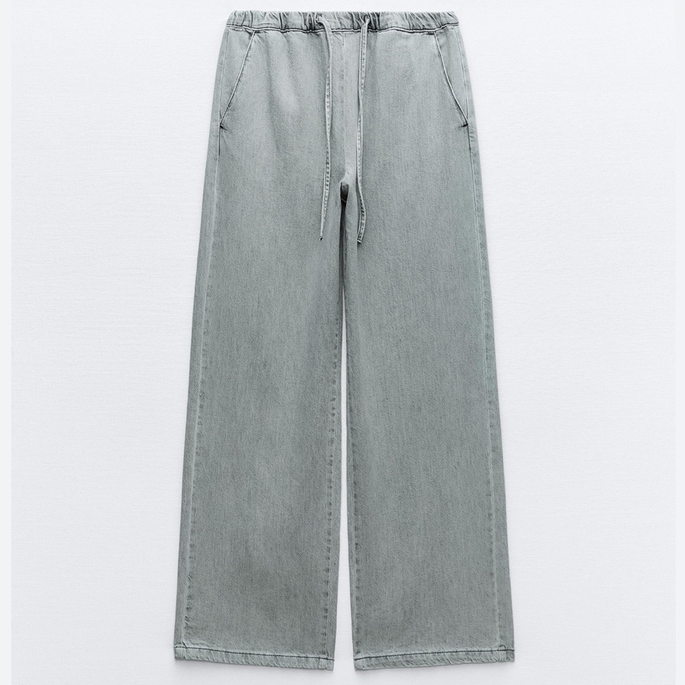 Zara Wide Leg High Waist Jogger Jeans Size XL Light Gray